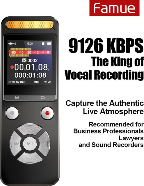 Famue King of Voice Recorder 9126 KBPS Pro Voice Recorder mit 4 Mikrofonarray und externem Mikrofon Anschluss, Schwarz - Bild 1