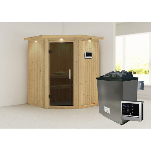 Karibu Sauna Tartu aus Fichtenholz mit 9 kW Saunaofen und externer Steuerung für 3 Personen, Farbe: beige, B/T/H: 202 x 165 x 165 cm - Bild 3