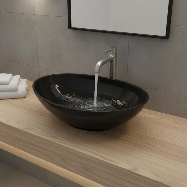 Ovales Keramik-Aufsatzwaschbecken in Schwarz für dein Badezimmer, Breite: 40 cm, Tiefe: 33 cm - Bild 1
