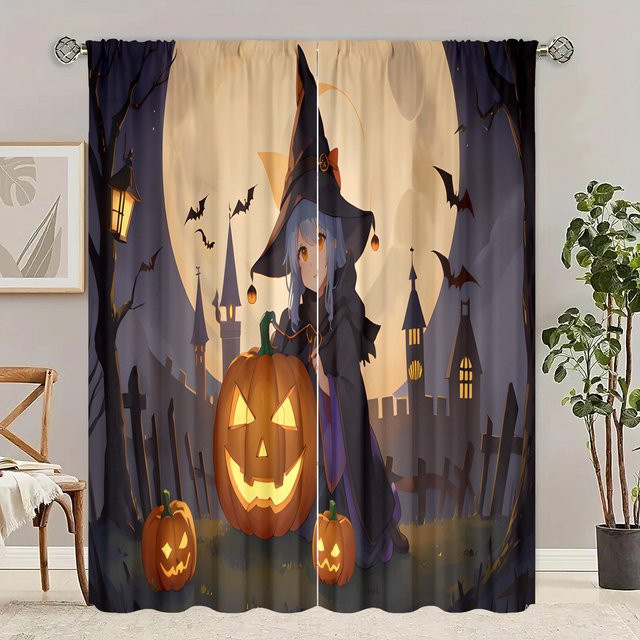 Yiran Furniture Halloween Vorhang Set aus Polyester, 2 Stück, mehrfarbig, semi-transparent, Breite: 76,2 cm, Höhe: 165,1 cm - Bild 1