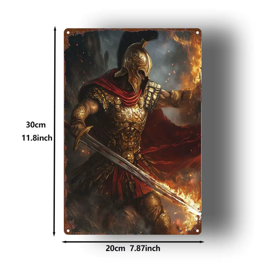 HELLOYOUNG Warrior Flame Gold Armor Metallschild, Rustikale Wandkunst im Vintage-Stil, B: 20,3 cm, H: 30,5 cm - Bild 2