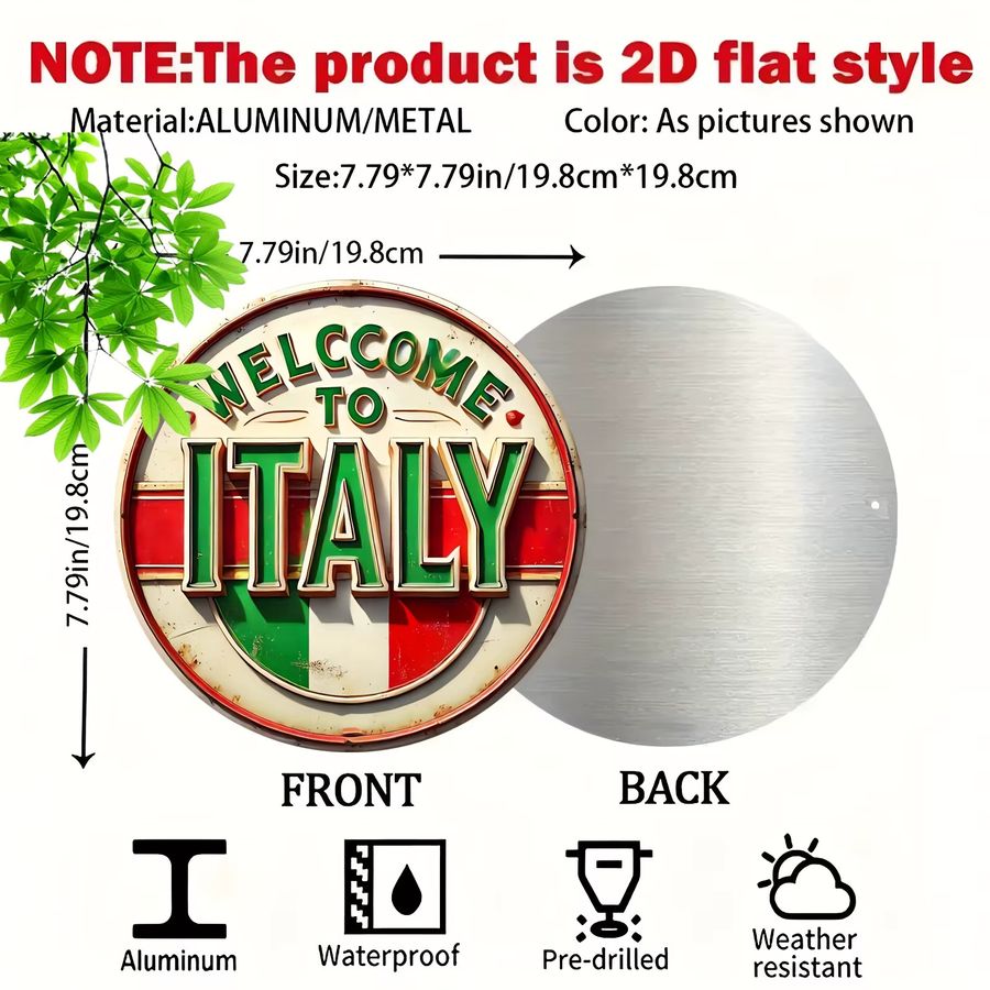 Potdemiel Retro Aluminium Wandschild Welcome to Italy Rund in italienischen Flaggenfarben - Bild 2