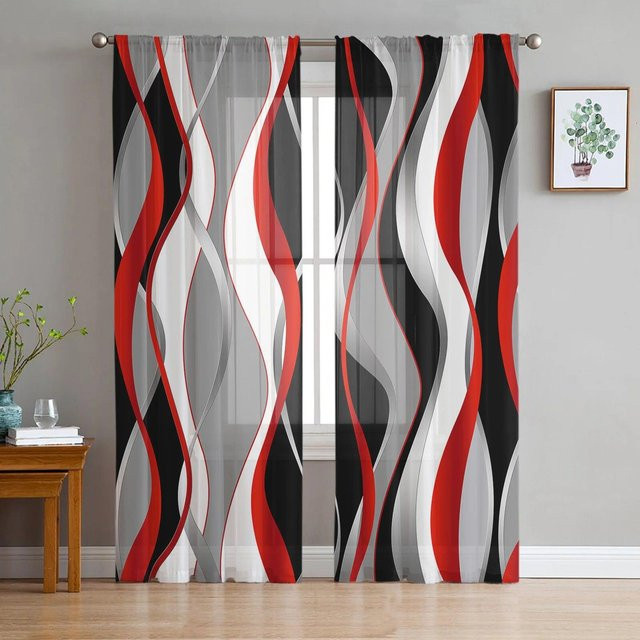 A Family Of Home Textiles Transparentes Voile Tüll Vorhang mit 3D Abstrakten Linien und Farbverlauf in Rot, Breite: 135 cm, Höhe: 114 cm - Bild 1