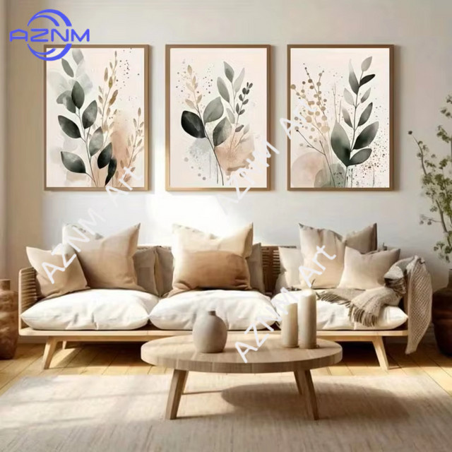 AZNM Bohemian Leinwandposter mit abstrakten botanischen Blättern in Grün und Multicolour für deine moderne Inneneinrichtung - Bild 1