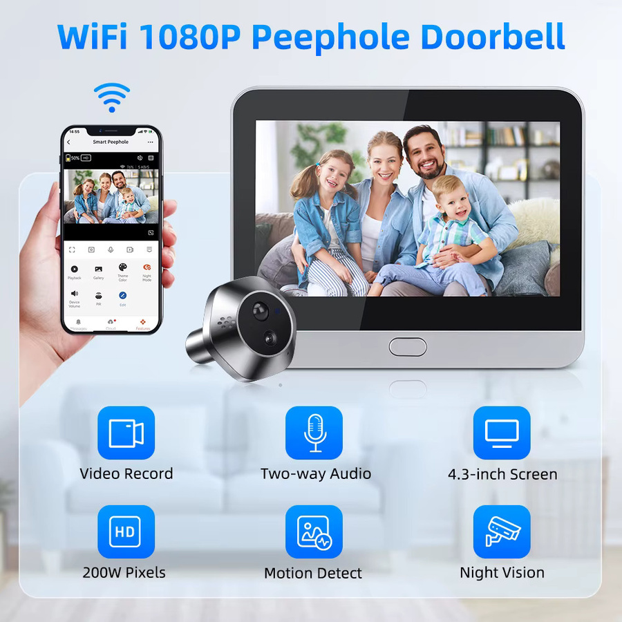 Awapow Smart Life WiFi Tuya Gucklochkamera mit Bewegungserkennung, 2 MP HD-Auflösung, Digitalem Audio und Zwei-Wege-Gegensprechanlage in Silber - Bild 2
