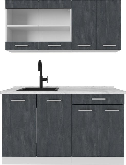 Vicco Singleküche R-Line Schwarz Beton und Weiß mit Arbeitsplatte in Weiß Marmor, Breite: 140 cm - Bild 1