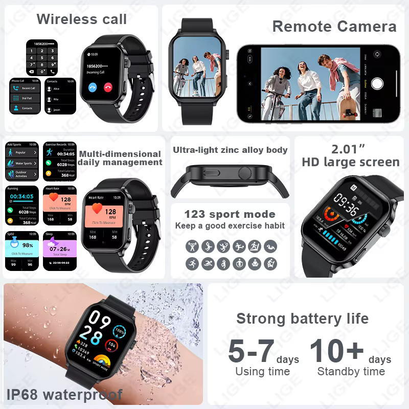 LIGE Smartwatch mit 2,01 Zoll Display, Bluetooth Anruffunktion, Herzfrequenz-Monitor und IP68 Wasserdichtigkeit, Farbe: Schwarz - Bild 6
