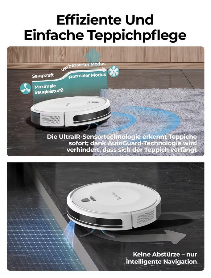 Redroad E2 Roboter-Staubsauger in Weiß mit 10.000 PA Saugkraft und 4 Reinigungsmodi für Tierhaare - Bild 3