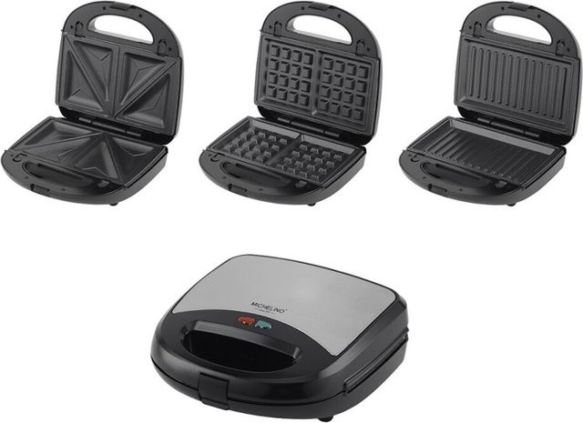 Michelino 3-in-1 Multigrill mit 750 W in Schwarz als Sandwichmaker, Kontaktgrill und Waffeleisen mit herausnehmbaren Platten - Bild 1