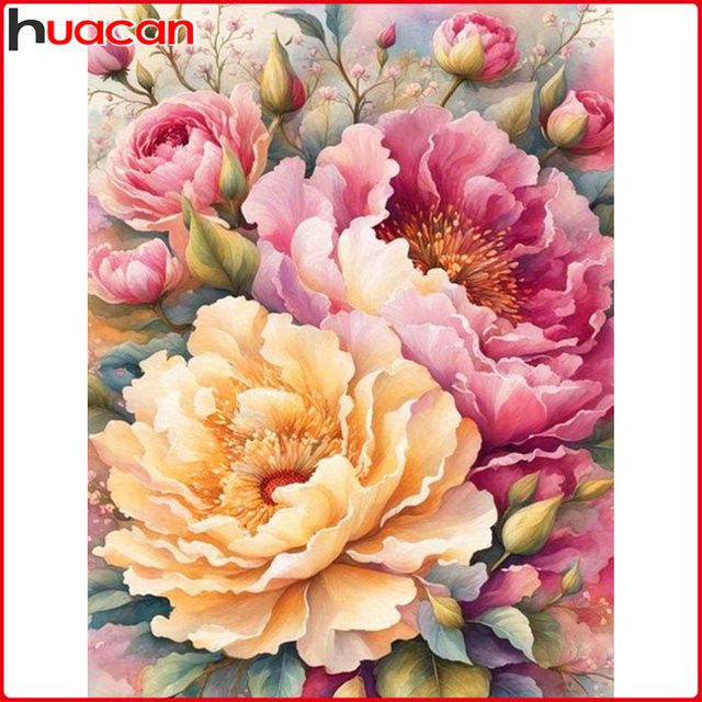 Huacan DIY Diamantmalerei Pfingstrose Blumen Mosaik-Set mit runden Steinen in Multicolour, Breite: 20 cm, Höhe: 30 cm - Bild 1