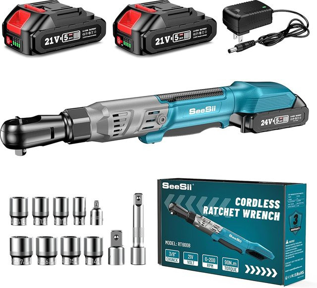 SEESII Akku-Ratschenschlüssel Set mit 3/8 Zoll, 90Nm Drehmoment, 21V Akku-Elektroschrauber inklusive 2 Li-Batterien für Auto-Reparatur-Werkzeuge - Bild 1