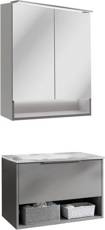 Fackelmann Badmöbel-Set B.Paris in Cubanit Grau mit Spiegelschrank, Glaswaschbecken und LED-Beleuchtung, Breite: 70,5 cm - Bild 1