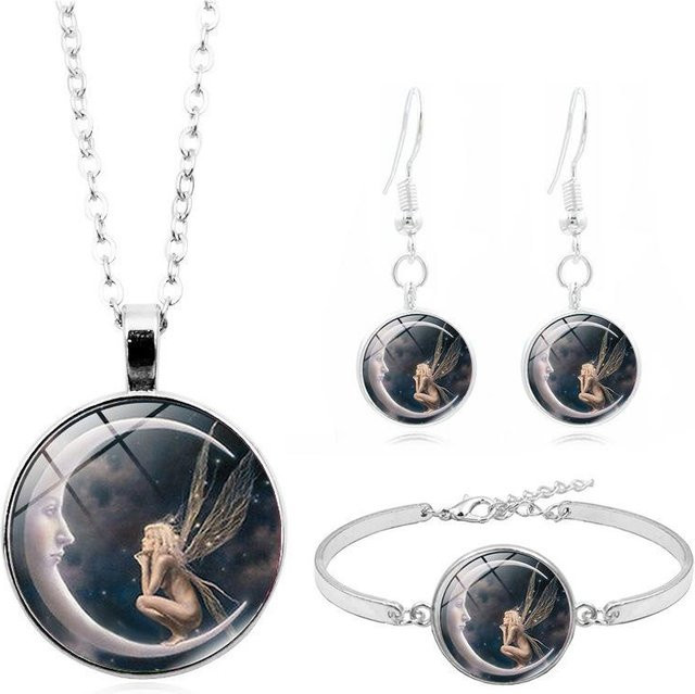 Wucifang Jewelry Schmuckset, 4-teilig, Mondelfen-Engelsfeen-Cabochon-Glasanhänger, Halskette, Armband, Ohrringe, Metall, gray, Damen - Bild 1