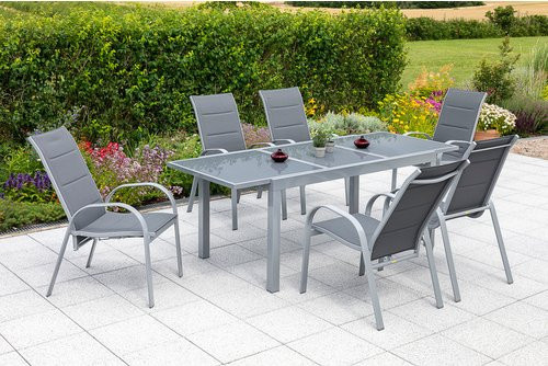 Merxx Gartenmöbelset Amalfi 7-teilig mit 6 Stapelsesseln und ausziehbarer Glasplatte in Grau und Silber - Bild 1