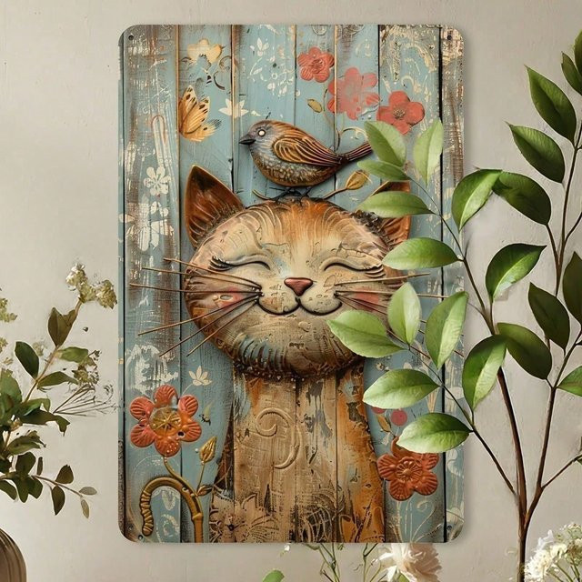 Vintage Metallblechschild CIFBUY Wanddekoration mit Katzen und Vögeln, Breite: 20,3 cm, Höhe: 30,5 cm - Bild 1