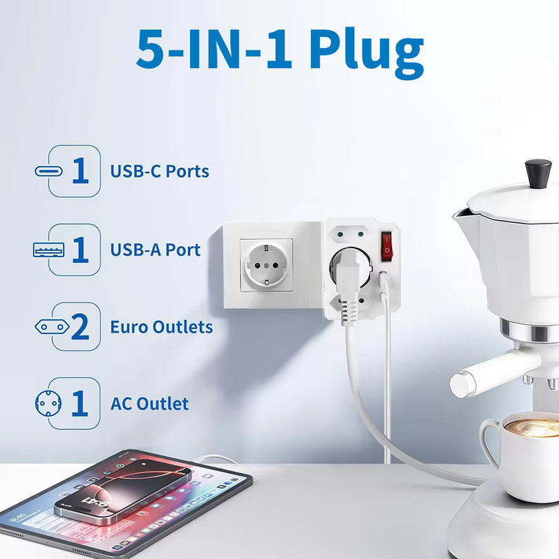 CILIA EU-Schuko-Adapter 1-zu-3 Wandsteckdosen-Verlängerungskonverter mit Schalter und USB-C sowie USB Anschlüssen in Weiß - Bild 3
