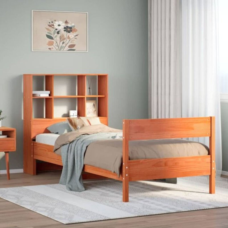 Massivholzbett aus Kiefer mit Regal in Braun von Vidaxl, B/H: 75 x 190 cm - Bild 1