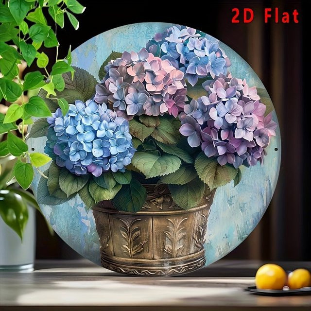 Potdemiel Vintage Hortensien Metall-Wandkunst rund in Weiß und Multicolour für Innen- und Außenbereich - Bild 1