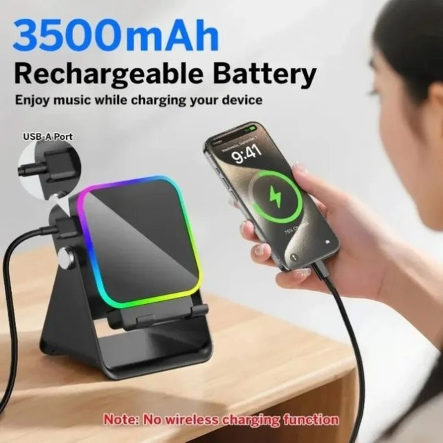 XIKCU Induktionslautsprecher und Telefonständer mit RGB-Licht, 3000 mAh Akku, zweiachsiger Metallständer für iPhone und Android, Schwarz oder Weiß oder Multicolour - Bild 1