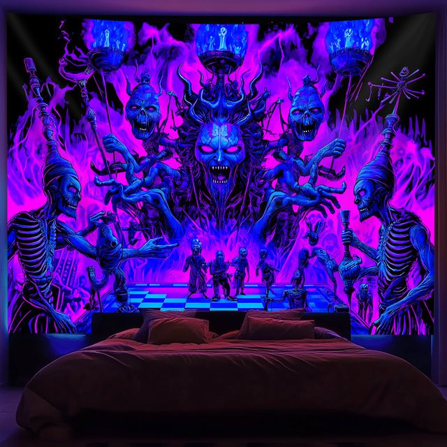 VIKAMA Halloween Dark Night Demon Lord Wandteppich in Lila-Blau mit Totenkopf und Hörnern im Gothic-Stil, B: 60 cm, H: 40 cm - Bild 1