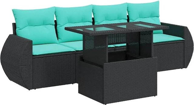 vidaXL 5-teilige Garten-Sofagarnitur aus Poly-Rattan und Akazienholz in Schwarz mit Kissen - Bild 1