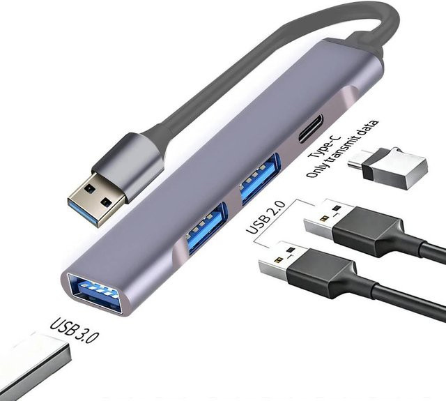Kebidumei USB C Hub mit 4 USB 3.0 Ports, OTG Adapter Typ C Docking Station, 5Gbps Datenübertragung, Grau - Bild 1