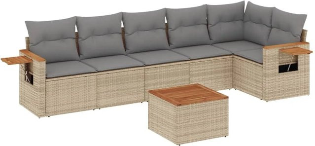 vidaXL 7-teilige Garten-Sofagarnitur in L-Form aus Poly-Rattan und Akazienholz mit Kissen in Beige - Bild 1