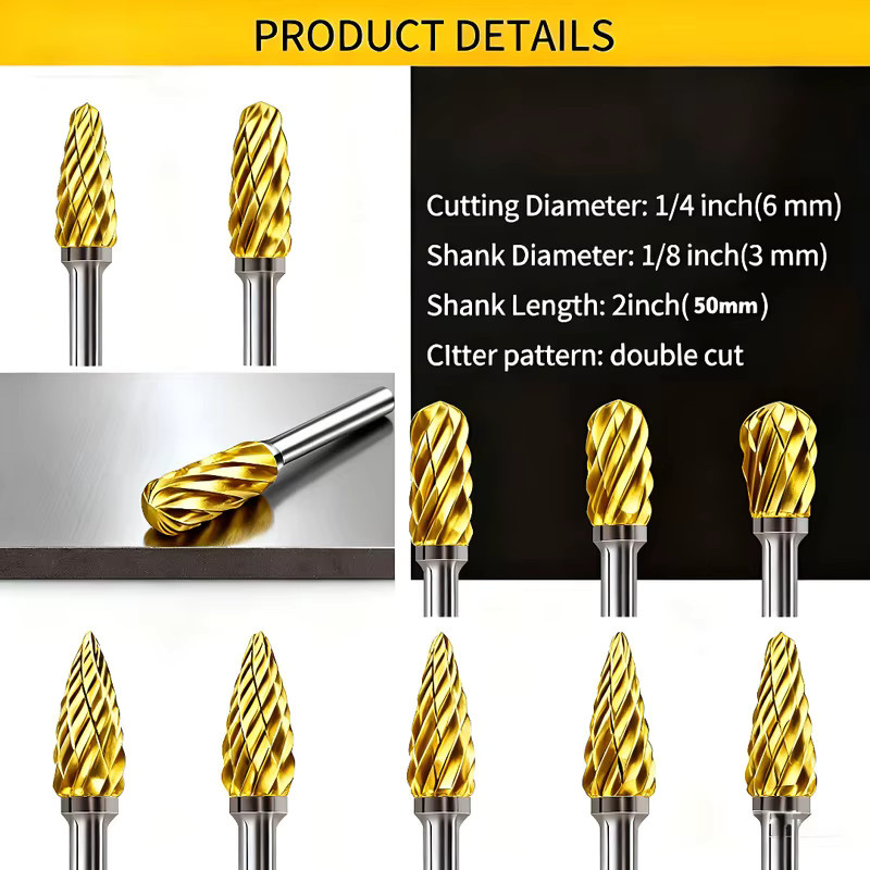 10-teiliges Titanbeschichtetes HSS-Rotationsfräser-Set in Gold mit 1/8 Zoll Schaft für Multi-Material-Schleifen und Schnitzen - Bild 2