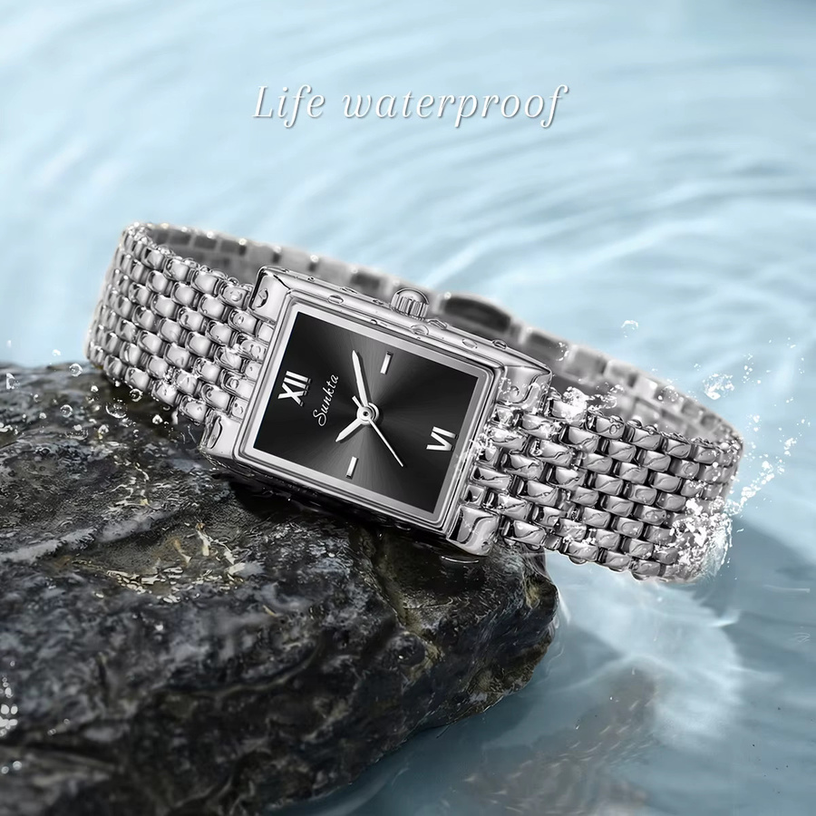 SUNKTA Armbanduhr, Quarz, Edelstahl, Eckig, Schwarz, Damen - Bild 5