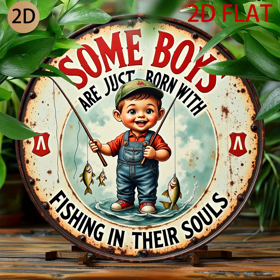 DDPNKL Vintage Angel Metall-Wanddekoration Rundes Retro-Schild mit Angelmotiv und Zitat Born with Fishing Souls, Mehrfarbig, Durchmesser: 19,7 cm - Bild 6