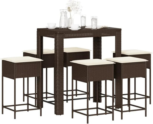 vidaXL 7-teiliges Gartenbar-Set aus Poly-Rattan mit Kissen in Braun und Cremeweiß - Bild 1