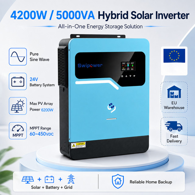 cnswipower 4200W MPPT Hybrid-Wechselrichter mit 120A Solarladegerät, reiner Sinus-Wechselrichter DC 24V zu AC 230V 50Hz, Farbe: Blau - Bild 1