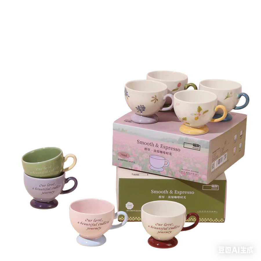 SHUNXIANG Keramik Espresso-Tassen-Set im floralen INS-Stil, Mehrfarbig, 70 ml - Bild 3