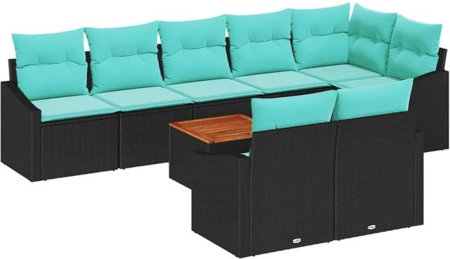 vidaXL Gartensofa-Set aus Poly-Rattan und Akazienholz in Schwarz mit 9-teiligem Polster-Set und Tisch - Bild 1