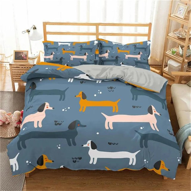 Bettwäscheset Your Warm Home mit Cartoon-Dackel-Print, 3-teiliges Set aus Polyester in Blau, B/H: 180 x 210 cm, inklusive Kissenbezüge 50 x 70 cm - Bild 1