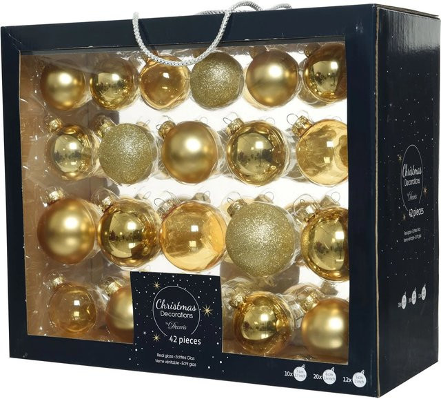 Decoris Weihnachtskugeln aus Glas in Hellgold, 42-teiliges Set mit 3 Größen - Bild 1
