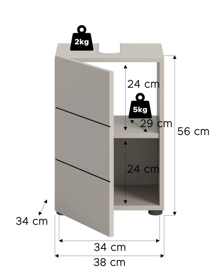 Waschbeckenunterschrank Larik in Kaschmir, moderner Badezimmerschrank mit Innenschränken, B/T/H: 38 x 34 x 56 cm - Bild 6