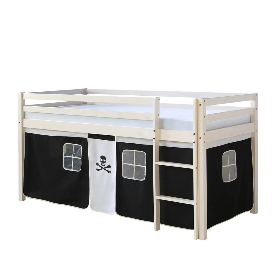 Homestyle4u Hochbett für Kinder aus Kiefernholz mit Piratendesign und Vorhang, Weiß/Schwarz, B/T/H: 90 x 200 cm - Bild 2