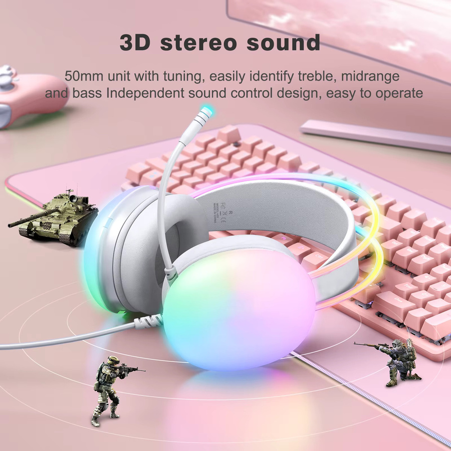ONIKUMA Gaming Headset mit RGB-Beleuchtung und intelligenter Geräuschunterdrückung, weiß, 3,5 mm Klinke - Bild 4