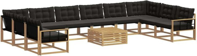 vidaXL Outdoor-Sofagarnitur in U-Form aus Akazienholz und Textilene mit Kissen, Weiß-Schwarz - Bild 1