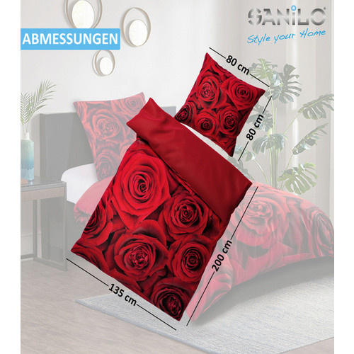 Sanilo Bettwäsche Set mit Rosenmuster in Rot, Material: Baumwolle, B/H: 135 x 200 cm und 80 x 80 cm - Bild 3
