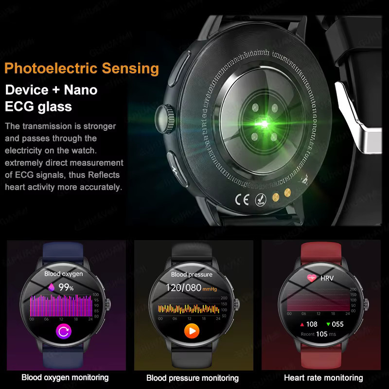 GUHUAVMI Smartwatch für Herren mit KI-gestützter Präzisionsdiagnose, HD AMOLED-Bildschirm, EKG-Messung, Blutdruck-, Harnsäure- und Körperfettmessung sowie Anruffunktion in Schwarz - Bild 3