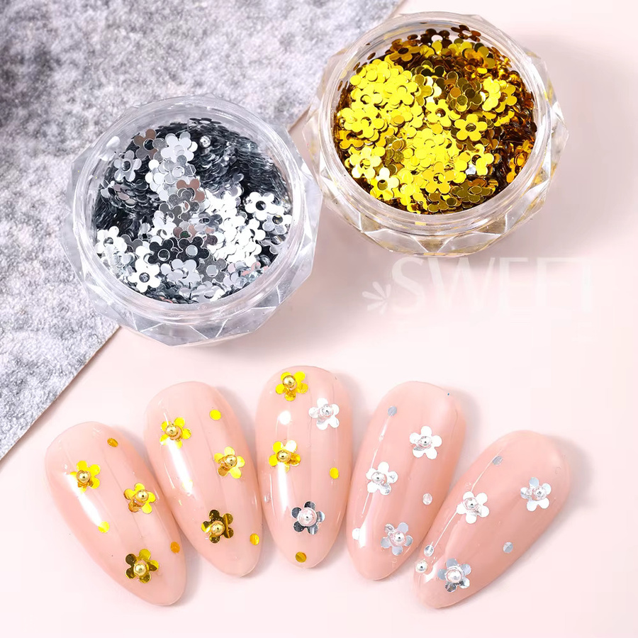 SWEET TREND Nagelglitzer Pailletten, Gold Silber Blumen, 2 Boxen - Bild 2