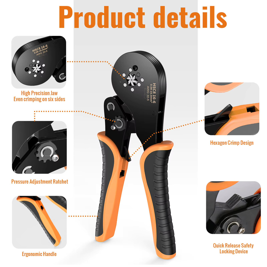 Sechskant-Kabelcrimpzangen-Set mit Ratschenfunktion für Aderendhülsen 0,08-16mm² AWG 30-5, inklusive 1200 Stück Einzel- und Doppelhülsenklemmen in Orange und Schwarz - Bild 3