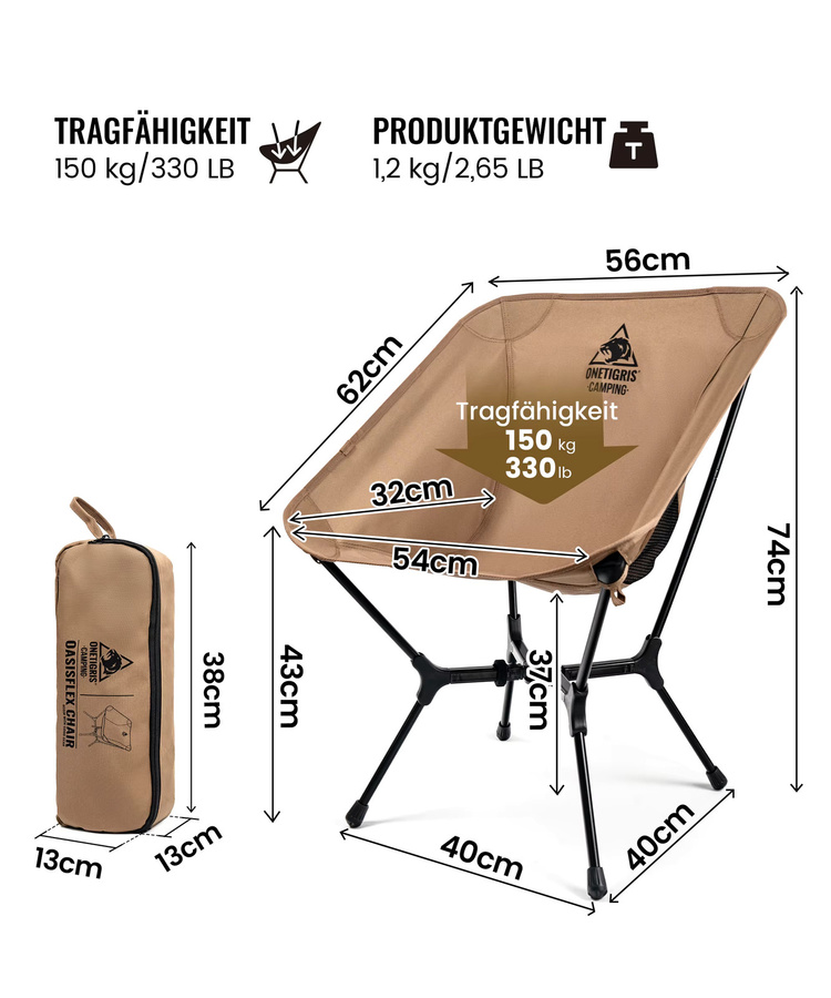 ONETIGRIS OasisFlex Tragbarer Campingstuhl in Braun mit Tragetasche, leichter Klappstuhl für Outdoor, Strand und Picknick - Bild 3