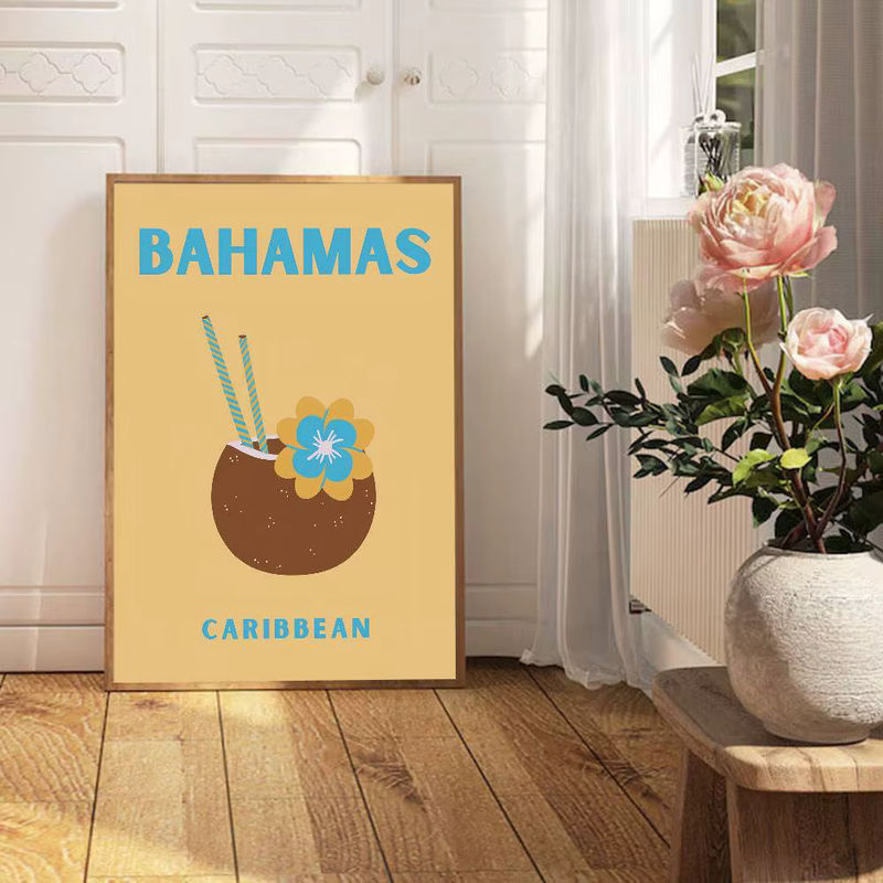 Island Travel Vintage Poster mit floralem Motiv in Mehrfarbig, Rechteckiges Wandbild aus Papier mit Holzrahmen im Hochformat - Bild 5