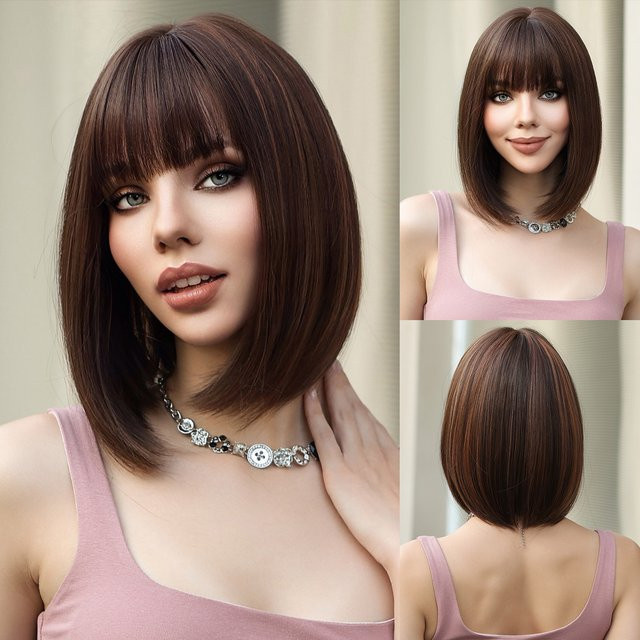 HAIRCUBE Bob-Synthetik-Perücke, schokoladenbraun, mit Pony, hitzebeständig - Bild 1