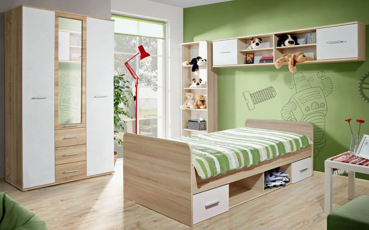 4-teiliges Kinderzimmer und Jugendzimmer Möbelset Superior in Weiß und Eiche mit Bettgestell, Nachttisch, Kleiderschrank und Regal - Bild 1