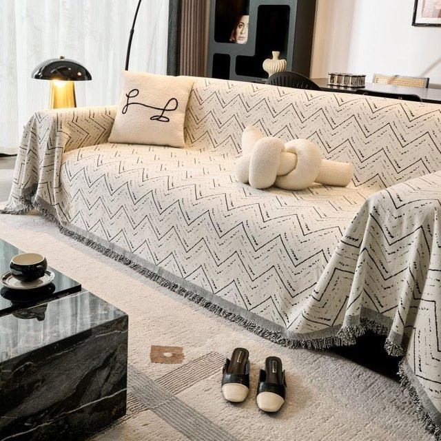 Creme Stil Sofa Vollbezugsset mit Wellenmuster und Anti-Katzenkralle Funktion, B/T: 180 x 130 cm - Bild 1