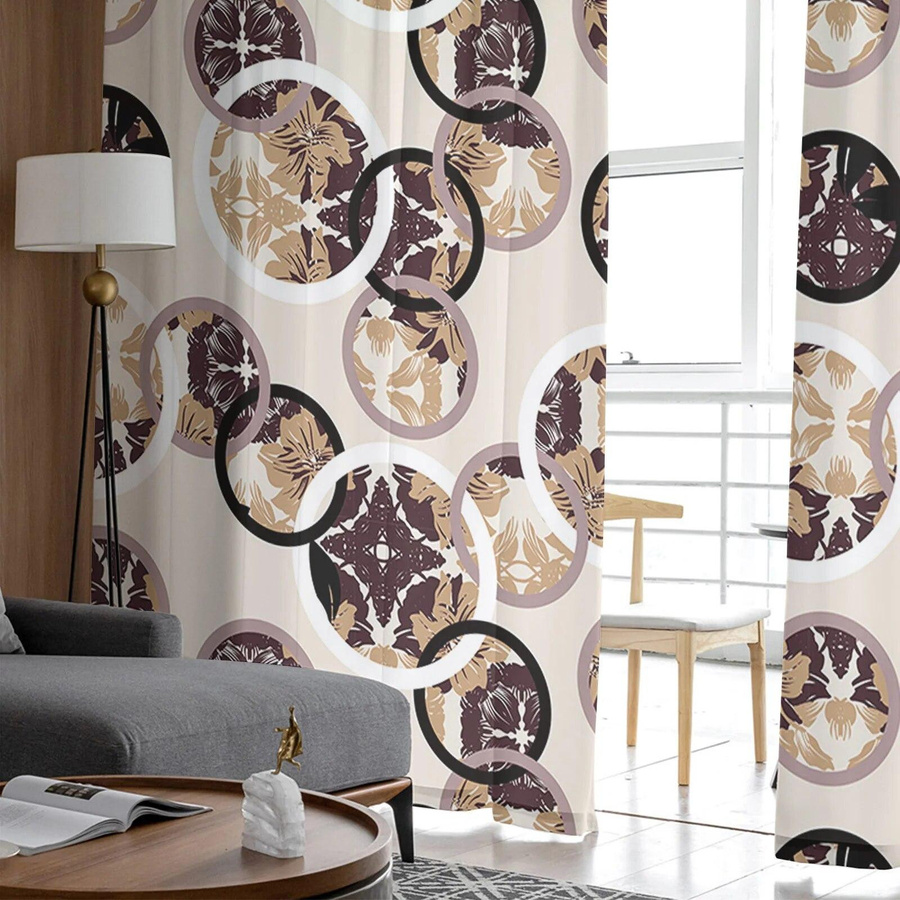 Handbemalte Khaki-Gardinen mit kreisförmigen Blättern und Blumen aus transparentem Tüll für dein Schlafzimmer, Breite: 135 cm, Höhe: 114 cm - Bild 2